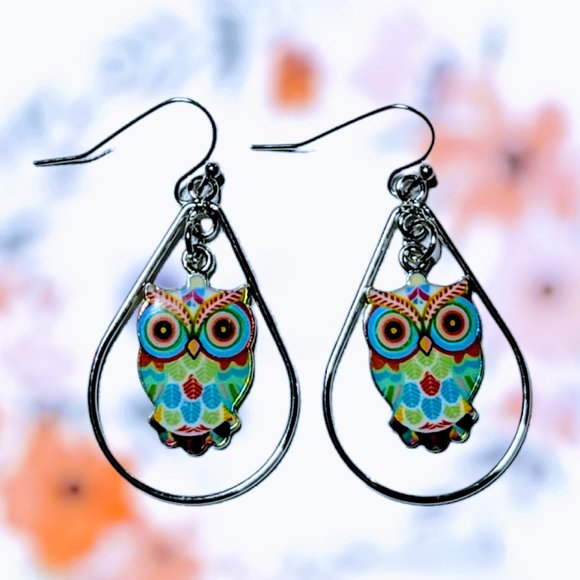 🆕MBM Tear Drop Framed Enamel Owl Earrings, Stainless Steel - Picture 3 of 10